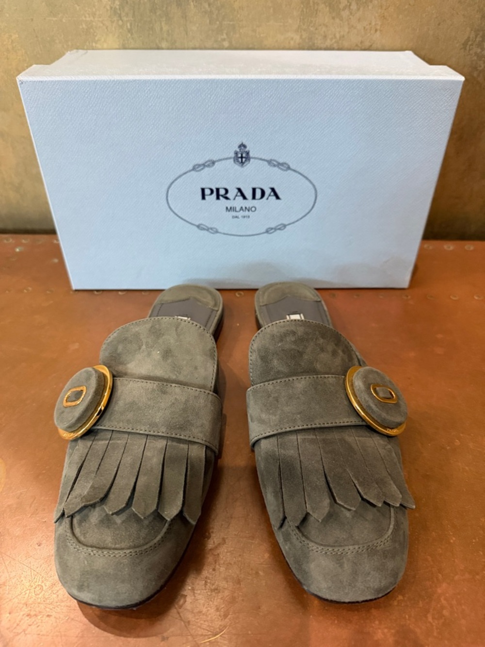 Like New Prada Anthracite ( Dark Gray)  Suede Fringe Sliders